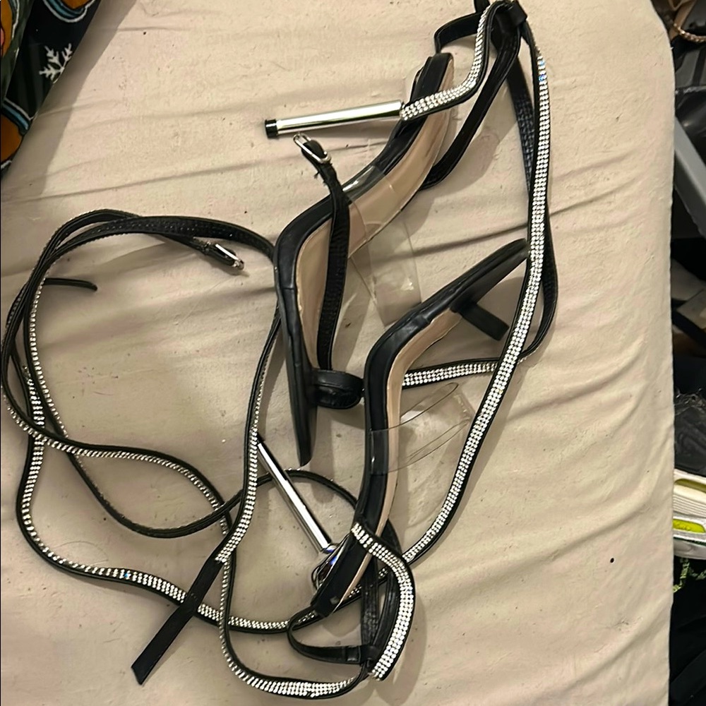 PrettyLittleThing Black and Silver Strappy Heels